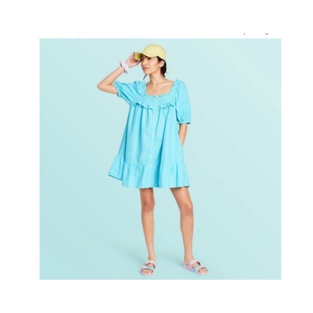 Stoney Clover Lane x Target Puff Sleeve Ruffle Dress in Mermaid Aqua Blue